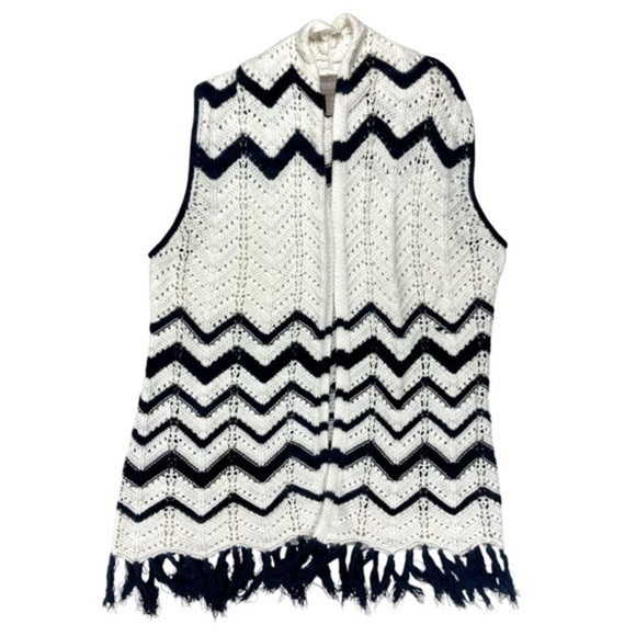 Chico's Open Front Cardigan Vest Women 1 Black White Knit Crochet Tassel Sweater - Picture 1 of 11
